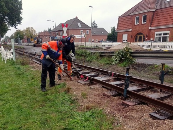 095<br />Wieder an der Baustelle angekommen nehmen wir einen weiteren Stopfgang vor. Jürgen und Max stopfen die Stoßschwellen.